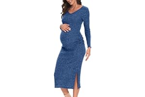 LAHILO V Neck Side Ruch Knit Ribbed Maternity Bodycon Dress，Maternity Dress for Baby Shower