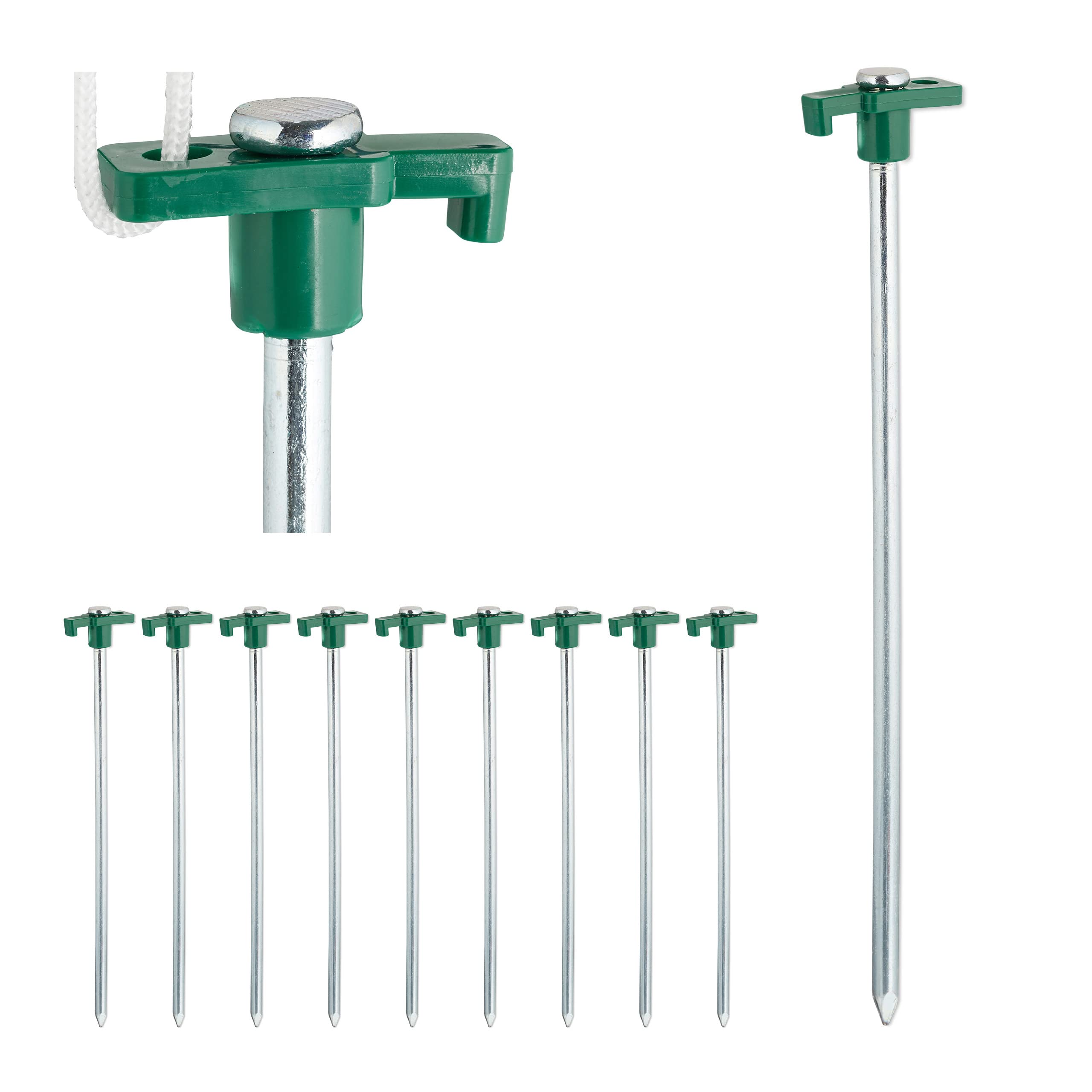 Relaxdays Set of 10 Heavy Duty Tent Pegs, Hard Ground Anchors, 25 cm, Steel Ground Stakes, Galvanized Steel, Green