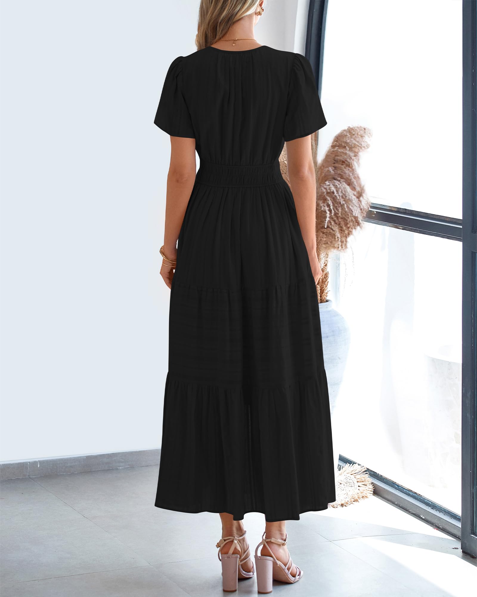 BTFBM Womens Summer 2025 Casual Midi Maxi Dresses Lightweight Short Sleeve V Neck Elastic Waist Boho Beach Dress Pockets(Black, Medium) - Image 3