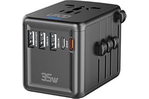 URJD Universal Travel Adapter 35W PD Fast Charging Offers 3X2.4A USB-A Ports, 2X USB-C Ports and Multi AC Outlet, International Plug Converter Worldwide Travel Charger All in One for EU US UK AUS
