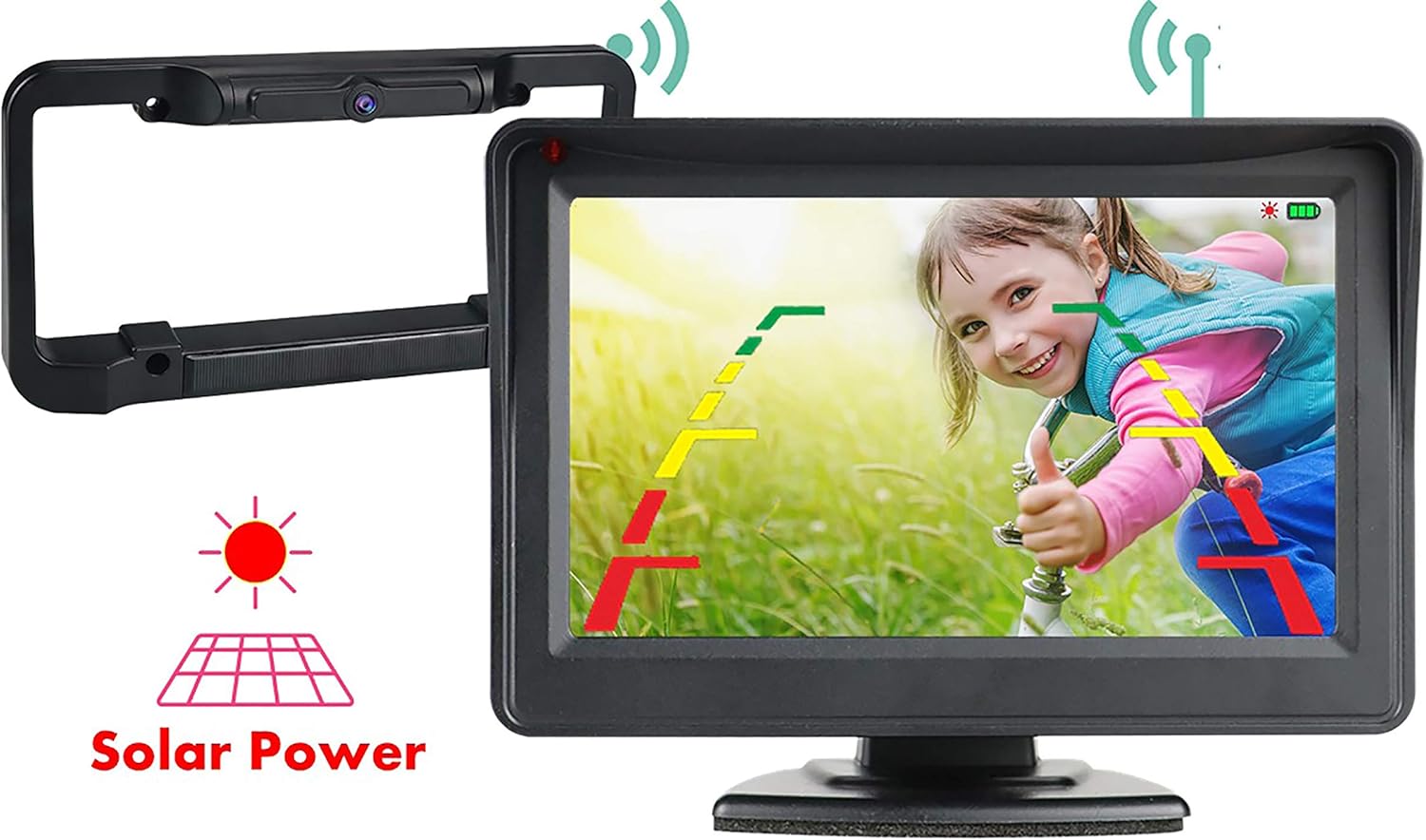 iSharp Digital True Wireless Backup Camera and Monitor Kit Solar Power Night Vision Camera TFF Color Monitor for Vehicles Car/SUV/Pickup Waterproof Night Vision Guide Lines (Dark Black)