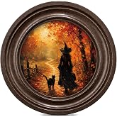 MOCHPEN Witch and Cat Round Wall Art Decor, Vintage Painting Artwork, Fall Forest Wall Decoration for Bedroom Living Room Study Gallery, 5.7x5.7 Inch