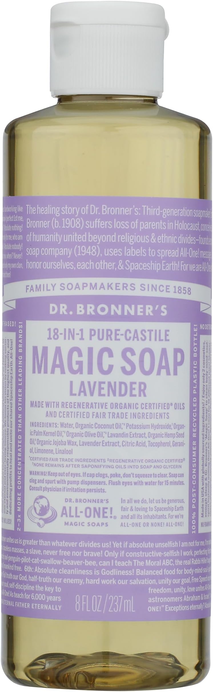 Dr Bronner's Organic Lavender Castile Liquid Soap 237ml Relaxing Vegan