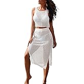 HUUSA Women's 2 Piece Crochet Swimsuit Coverups Hollow Out Bikini Bathing Suit Cover Up Swimwear Mesh Beach Slit Skirt Set