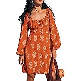 CUPSHE Women's Fall Dresses Long Sleeve Scoop Neck Casual Drawstring Floral High Waist Elegant Party Mini Dress