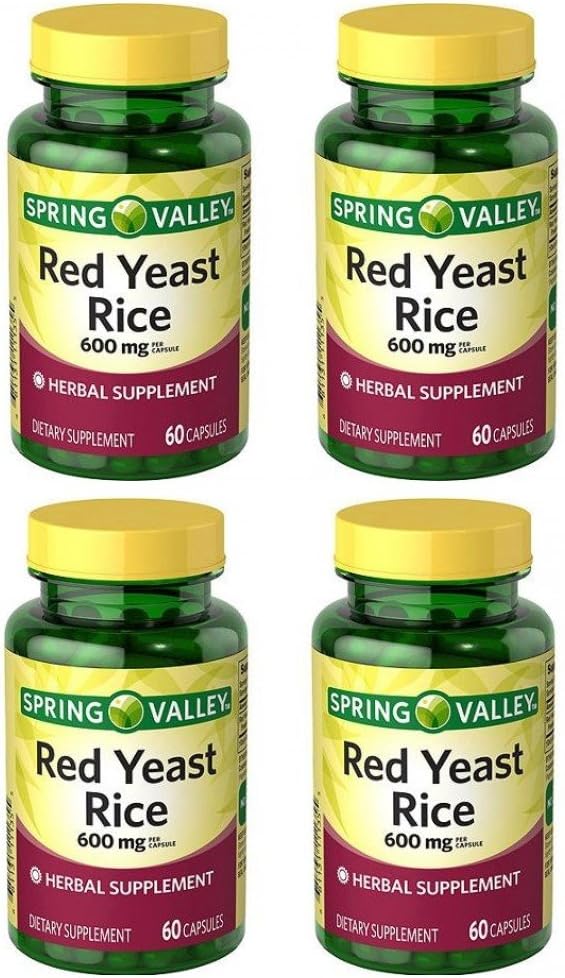 Spring Valley Red Yeast Rice Herbal Supplement, 600 mg Per Capsule X 2 Capsules=1200 mg Per Serving, 4 Bottles of 60 Capsules (4 Pack): Health & Personal Care