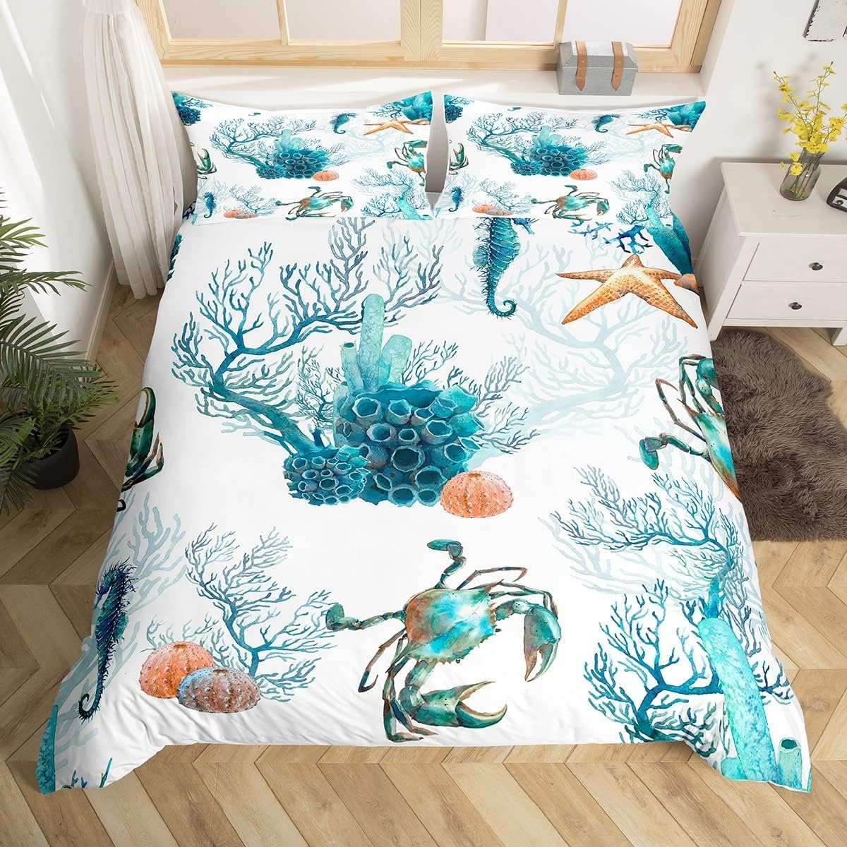 Homewish Ocean Bedding Sets King Sea Marine Comforter Cover, Watercolor Animal Bed Set Sea Horse Crab Duvet Cover, Starfish Coral Quilt Cover Kids Underwater Theme Bedroom Decor 3pcs — image 1
