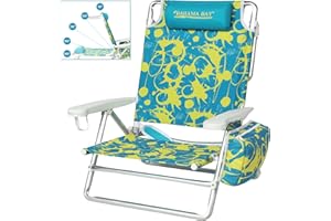 Old Bahama Bay Reclining Beach Chair Backpack 5-Position Lay Flat Chair for Adults Heavy Duty Support 400 LBS Portable Folding Lightweight with Cooler Bag Camping Chair for Sand Outdoor Yellow Green