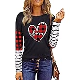 Valentine Shirt Women Buffalo Plaid Love Heart Graphic Tees Letter Print Splicing Long Sleeve Tops Shirts