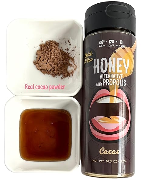 CHICK & ROO ZERO SUGAR HONEY SUBSTITUTE – CLASSIC FLAVOR: NATURALLY ENRICHED WITH HONEY & PROPOLIS, SUGAR FREE, PREBIOTIC FIBER, LOW CARB, NON-GMO, GLUTEN-FREE, (1 BOTTLE, 10.5 FL OZ) (CACAO)