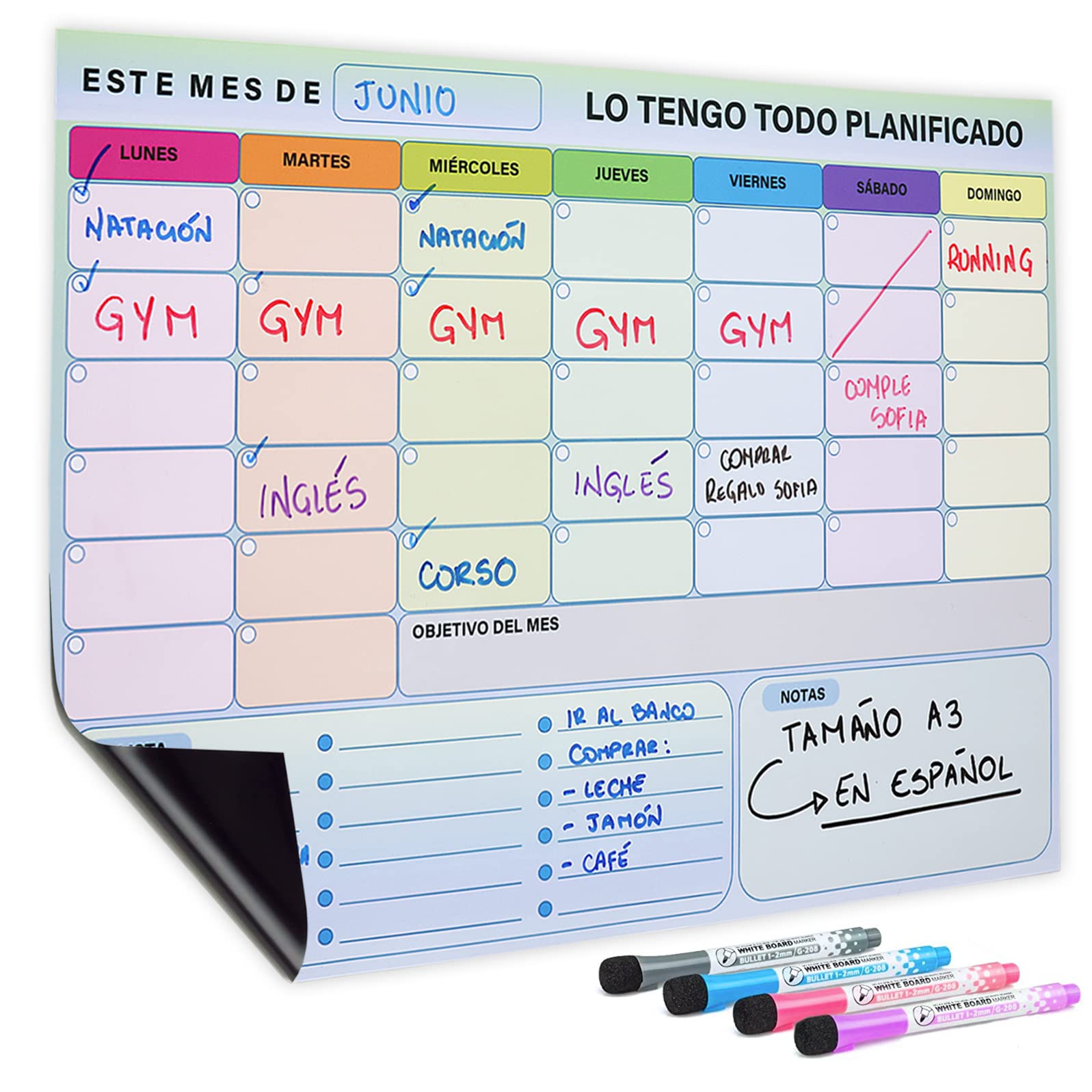 N NUEVAS IDEAS Magnetic Monthly Planner - A3 Magnetic Fridge Calendar - Premium Dry Erase Film - 4 Color Markers - Spanish