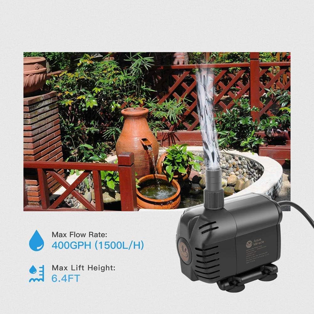 AquaMiracle 400GPH Submersible Water Pump (6ft 3-core UL power cord) with Pre-filtration for aquarium, fish tank, hydroponics, fountain, pond, water garden, waterfall, statuary, water feature,: Home Improvement