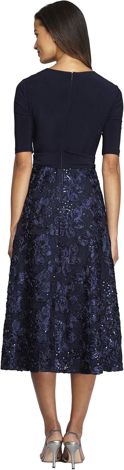 Alex Evenings Women's Tea Length Dress with Rosette Detail: Clothing
