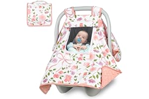 Baby Carseat Seat Cover Girls, Winter Carseat Canopy, Cozy & Warm Cover with Zipper Peep Windows, Infant Minky Carrier Cover,