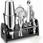 Semderm Cocktail Shaker Set, Weighted Boston Shaker Set with Bamboo Stand, 18/8 Stainless Steel Mixology Bartender Kit with Jigger, Fine Mesh &amp; Hawthorne Strainers, Muddler, Spoon, Ice Tongs