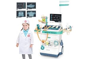 Sotodik Doctor Kit for Kids 28 Accessories Pretend Medical Station Set Mobile Cart with Lights,Thermometer, Stethoscope and Doctor Costume Role Play Role Play Educational Toys for Boys & Girl Toddlers