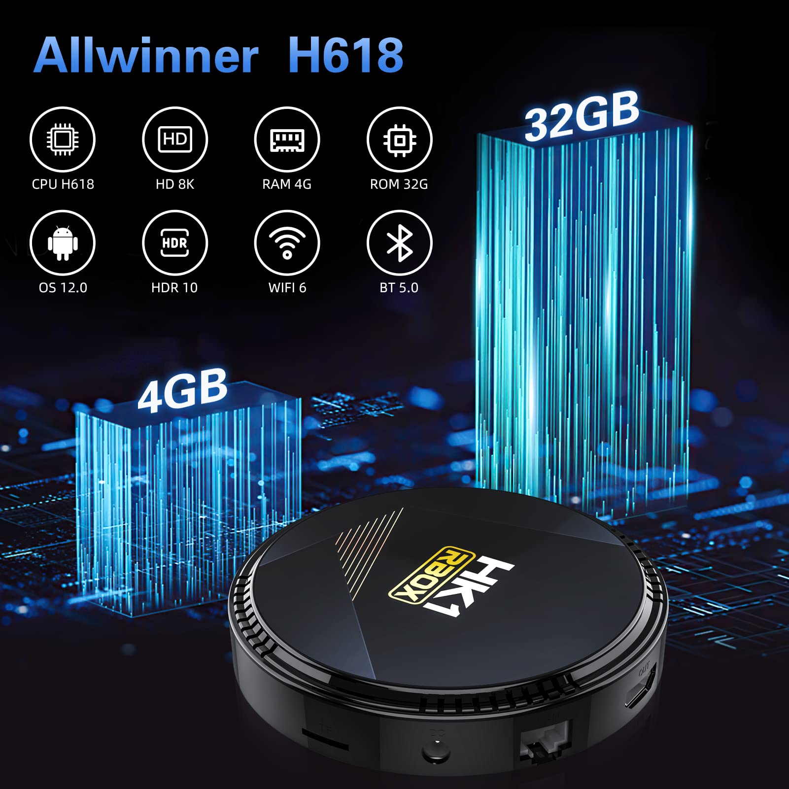 Android Box, Android 12.0 TV Box with 4GB RAM 32GB ROM Allwinner H618 Quad-Core 64-bit Cortex-A53, Builtin 2.4GHz/5.0GHz WiFi6 Bluetooth 5.0+, Support H.265/3D/8K Ultra HD/HDMI 2.0 Smart TV Box