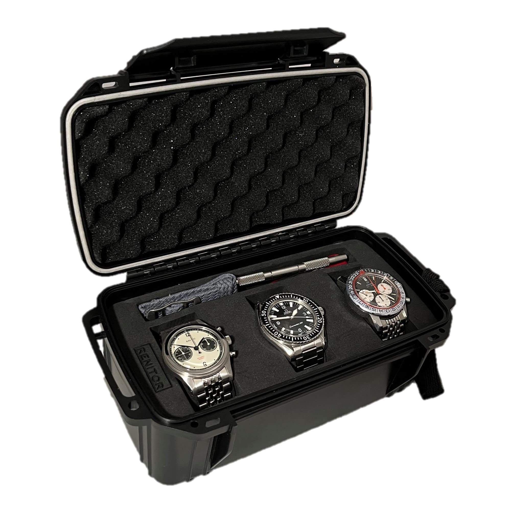 RENITOR Premium Triple Watch Travel Case Storage Box for 3 watches | ABS Ultimate Protection Waterproof Shockproof | Fits all Wristwatches & Smart watches up to 55mm | Cleaning Cloth Included (Black)