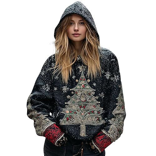Christmas Hoodie Funny Christmas Hoodies for Women UK Oversized Festive Pullover with Graphic Print, Long Sleeve Soft Sweatshirt Featuring a Front Ladies Funny Jumpers A Black