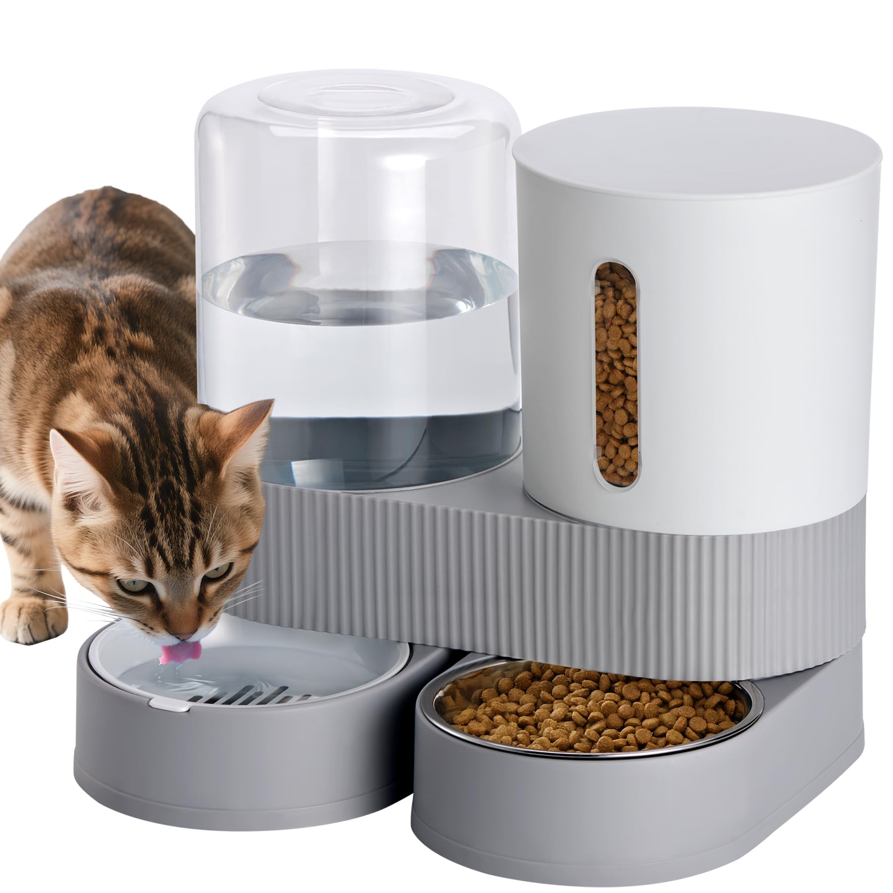 Photo 1 of 2 Pack Automatic Cat Feeder Stainless Steel Water Dispenser Gravity Food Feeder and Waterer Set with Pet Food Bowl for Small Medium Kitten Puppy Pets Large Capacity(Grey)