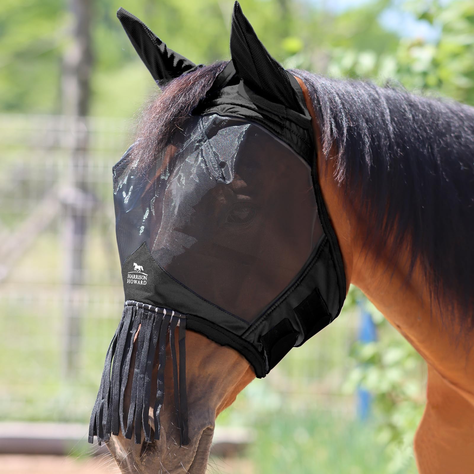 Harrison Howard CareMaster Horse Fly Mask with Ears and Nose Fringe Fly Protector Defender Mask Piano Black Full Size