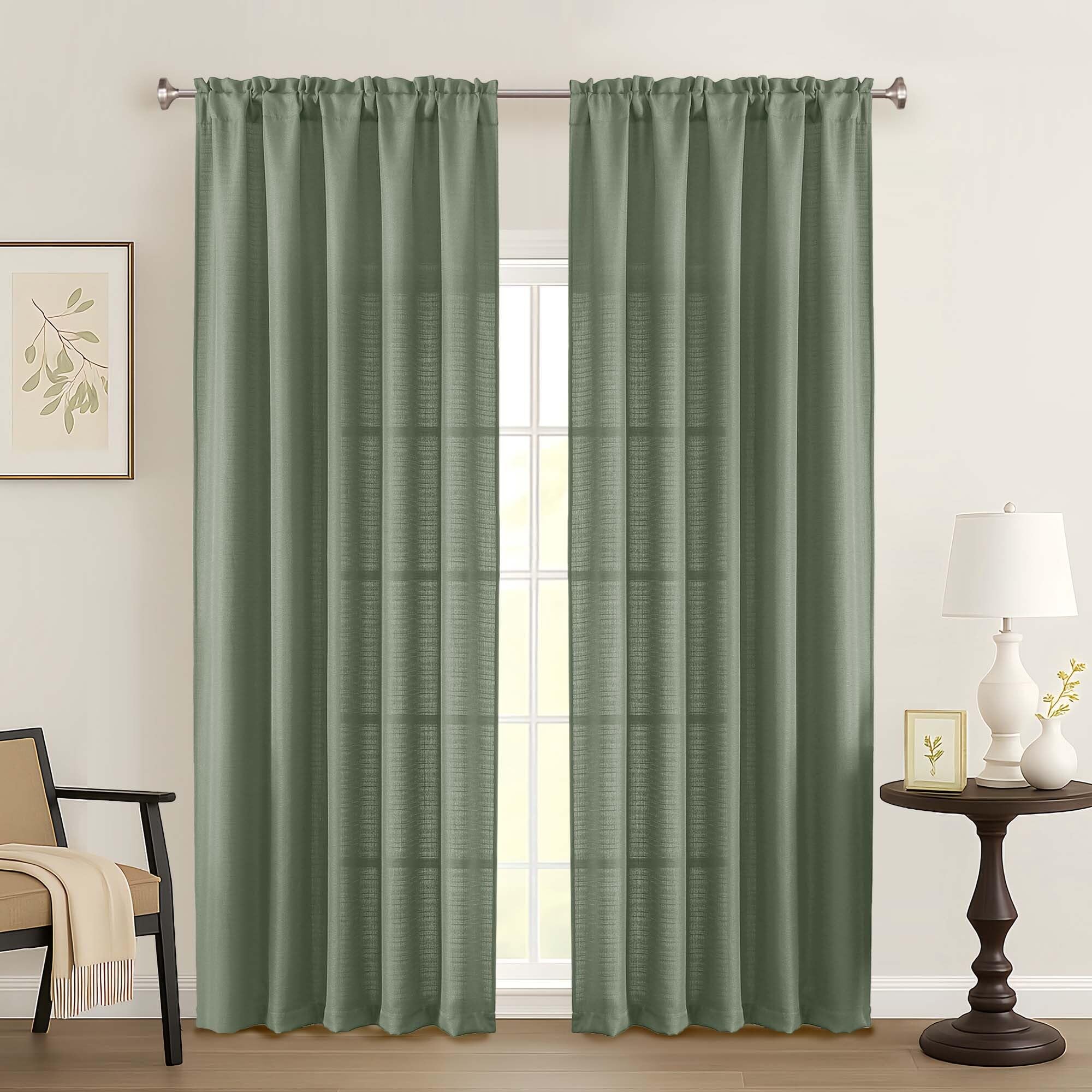 Photo 1 of Ebesto Sage Green Curtains 84 Inches Long 2 Panels Set, Faux Linen Farmhouse Non See Through Privacy Light Filtering Burlap Textured Curtains for Bedroom, Dual Rod Pocket Drapes, 2x50Wx84L Inches