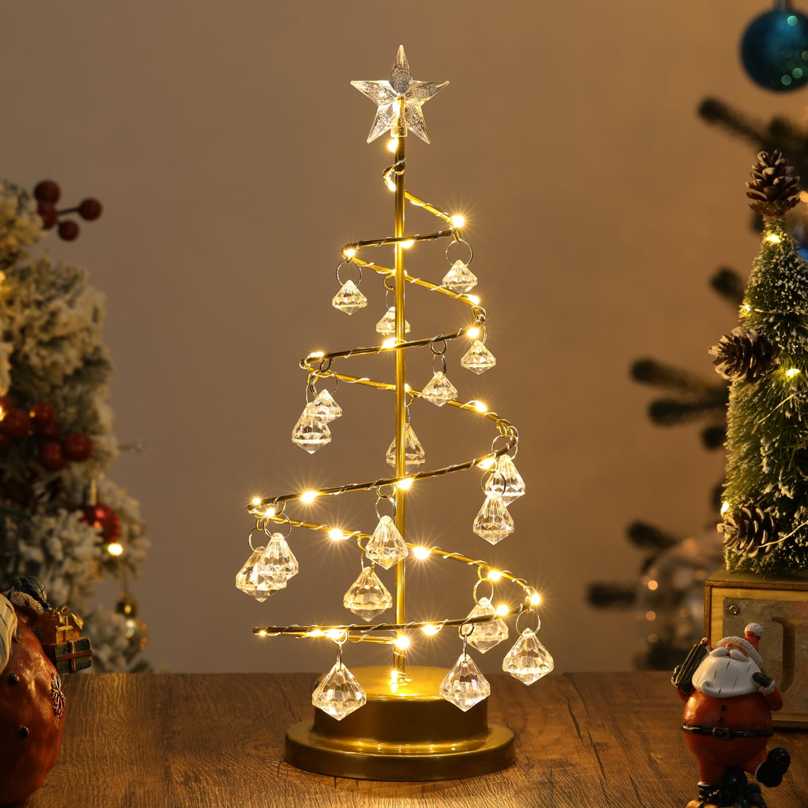 Photo 1 of Lewondr Christmas Tree Light, 11'' Battery Operated Christmas Tree Night Light, Crystal Spiral Xmas Tree Table Lamp with Star Light & Metal Stand, Christmas Decoration for Home Room Desk Indoor, Gold