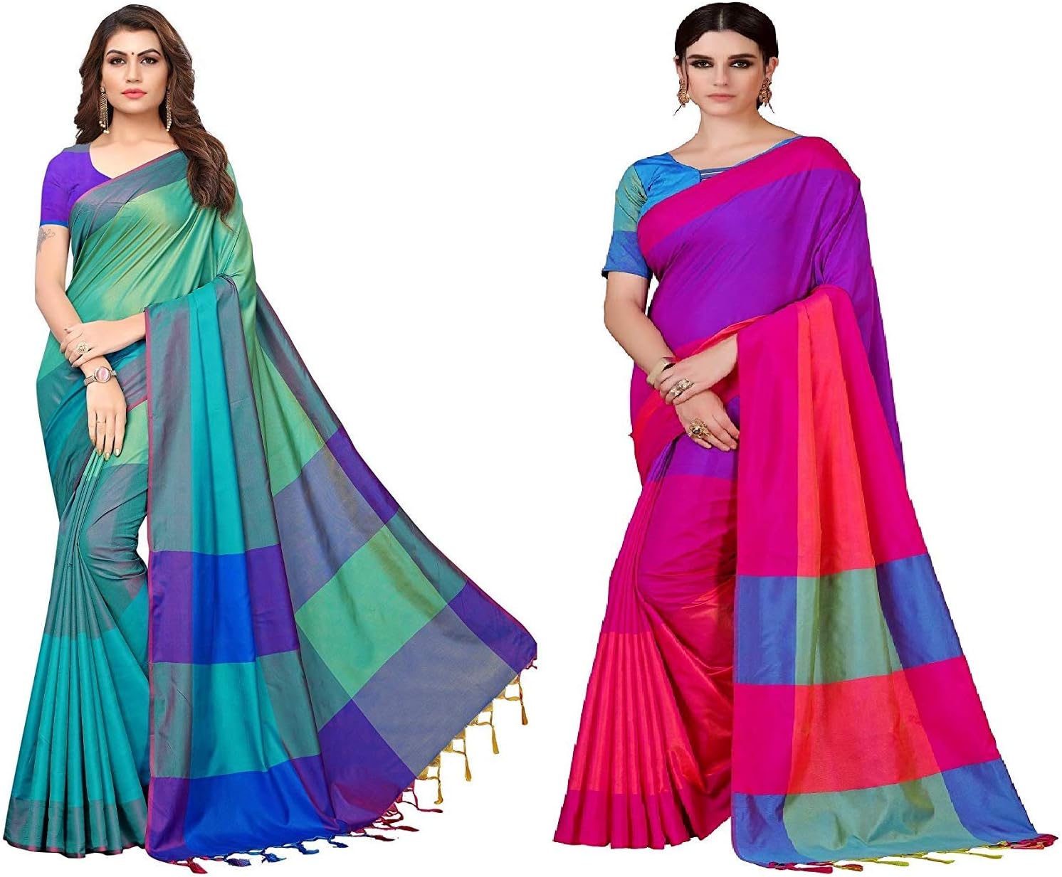Womens Pack of Two Sarees for Indian Women Cotton Saree with Blouse Piece II Sari Combo