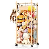 Stuffed Animal Storage with Wheels (Rolling Zoo), Large Wooden Plushie Organizer with Bonus Mesh Net for Small Toys, Mobile Toy Holder Cage for Kids Playroom Bedroom & Toddler Room(Natural Pine)