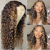 180% Density Ombre blonde 1B/27 Color Curly human hair wigs for black women Deep Wave HD Human Hair Lace Wigs with Highlight 13X4 lace frontal wigs human hair pre plucked bleached knots 14"