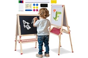 OMOTIYA Double Sided Foldable Easel for Kids Adjustable Height Wooden Art Station with Paper Roll and Accessories Ideal Gift for Toddlers Boys Girls Ages 3 4 5 6 7 8 Years Old