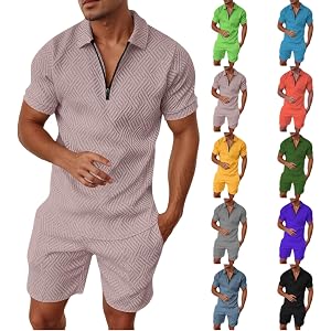 Mens 2 Piece Short Set Summer Casual Vacation Outfits Half Zip Golf Polo Shirts Drawstring Pocket Track Suits