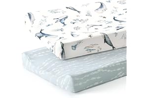 GRSSDER Stretch Ultra Soft Jersey Knit Changing Pad Cover Set 2 Pack, Change Table Pad Covers Fit 32"/34" x 16" Pads Safe and Snug, Sea Fish Print for Girls and Boys