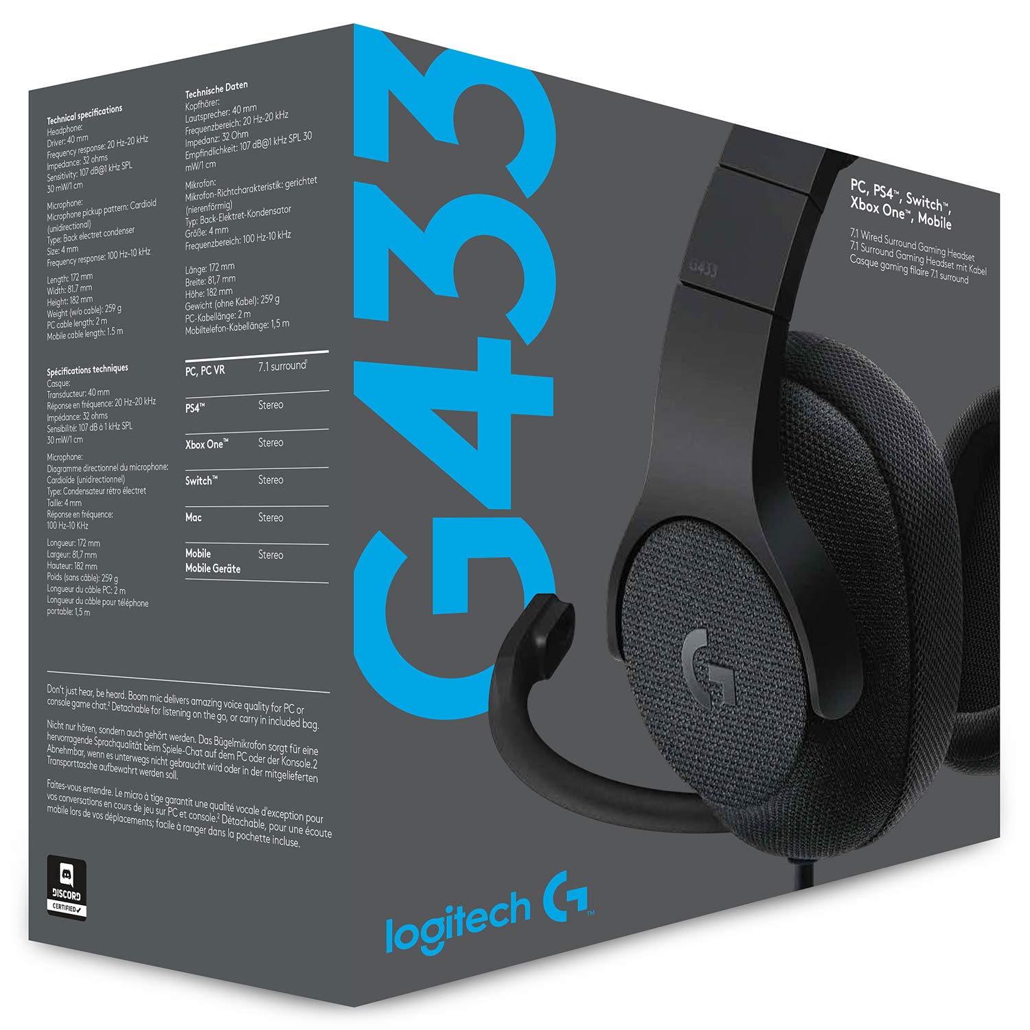 Logitech G433 7.1 Wired Gaming Headset with DTS Headphone: X 7.1 Surround for PC, PS4, PS4 PRO, Xbox One, Xbox One S, Nintendo Switch – Triple Black