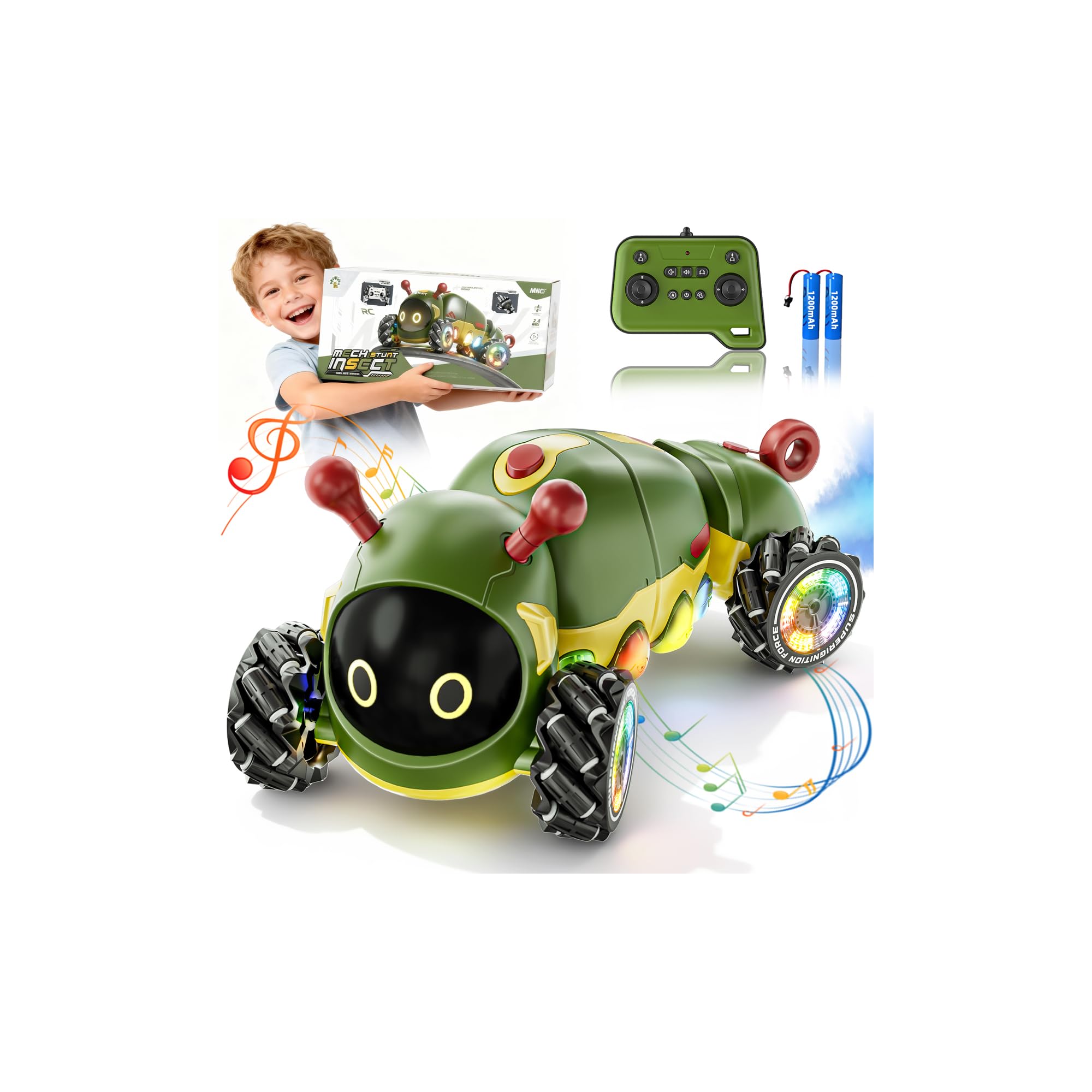 Kssvzz Remote Control Car, 2.4GHz RC Caterpillar for Kids, Drift Monster Truck with Music/Spray/Light, 4DW RC Stunt Cars, Interactive Insect Robot Toys Xmas Present Gifts for Boys Girls 3-12