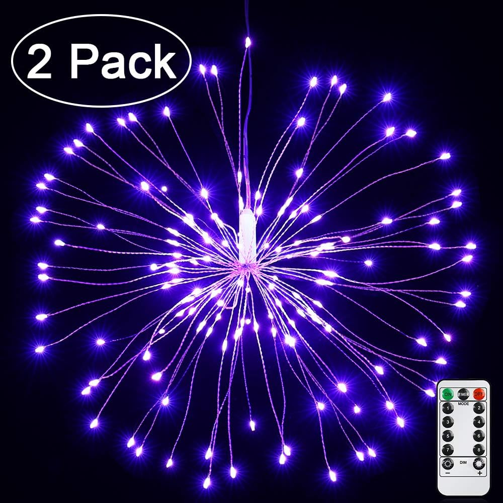 Joomer 2 Pack LED Starburst Lights, 8 Modes 120 LED Dimmable Fairy Lights, Twinkle Fireworks String Lights, Waterproof Battery Operated with Remote Control for Home, Patio, Parties, Wedding (Purple)