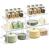 BOMOKS Clear Kitchen Cabinet Organizer, Set of 4 Stackable Spice Rack, Acrylic Shelves for Pantry Organizers and Storage, Tiered Spice Organization for Cabinet, Shelf Organizer for Desk Countertop