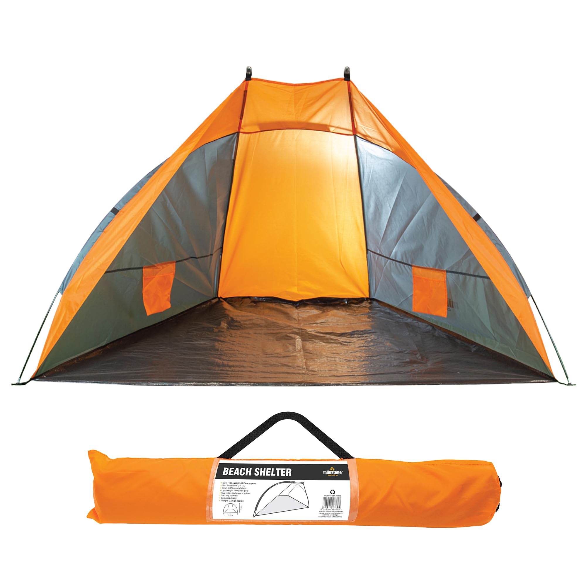 Milestone Camping 18879 Pop Up Beach Tent / UV50+ Protection/Water Resistant/Portable Carry Bag Included / 2 Security Pockets / 115cm x 210cm x 115cm
