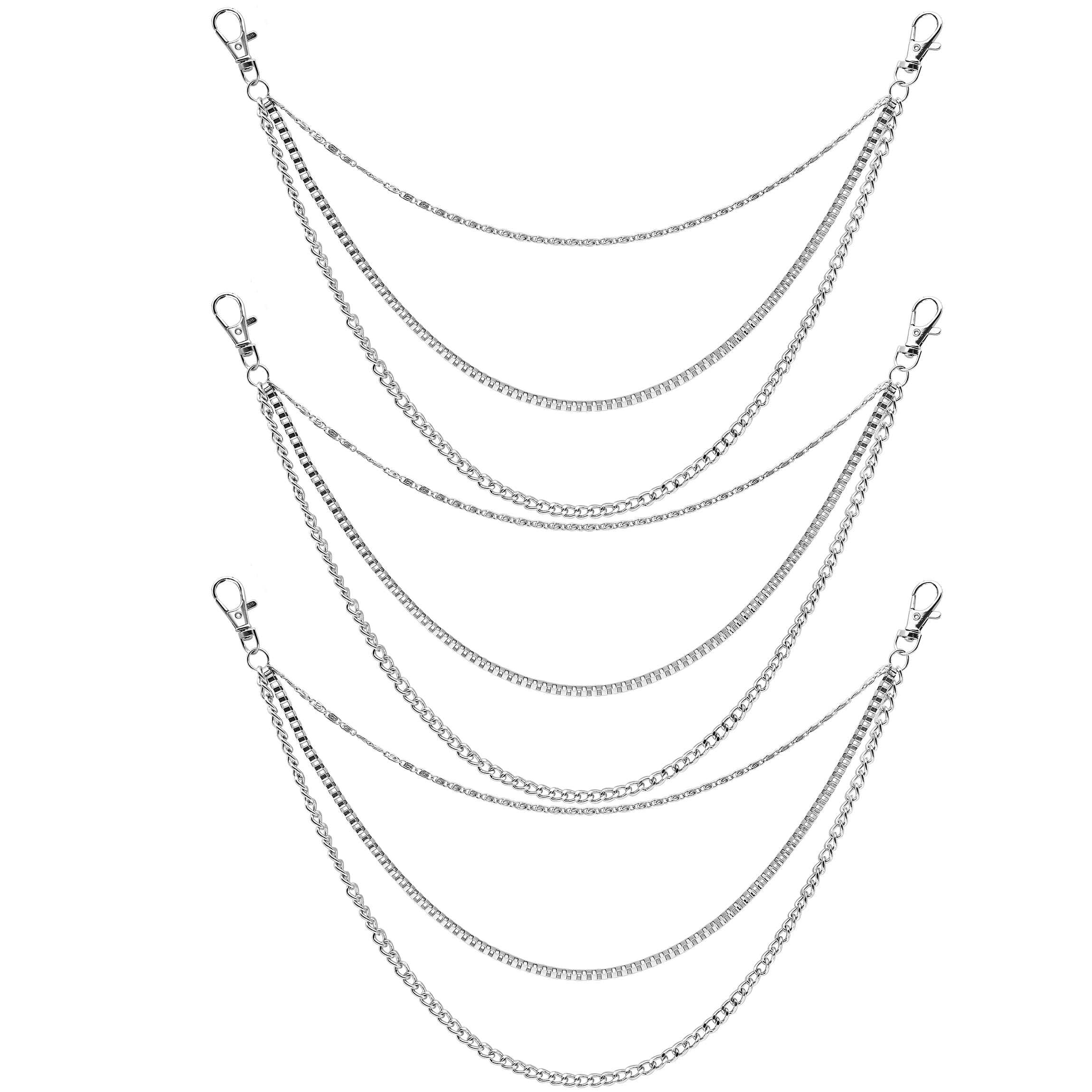 SIMDAO 3Pcs Pant Chains, Long Metal Chain,32/42/52cm Triple Jeans Chains, Silver Trouser Chain with Two Lobster Clasps, Wallet Chain Hip Hop Gothic Punk Trousers Chain for Men and Women