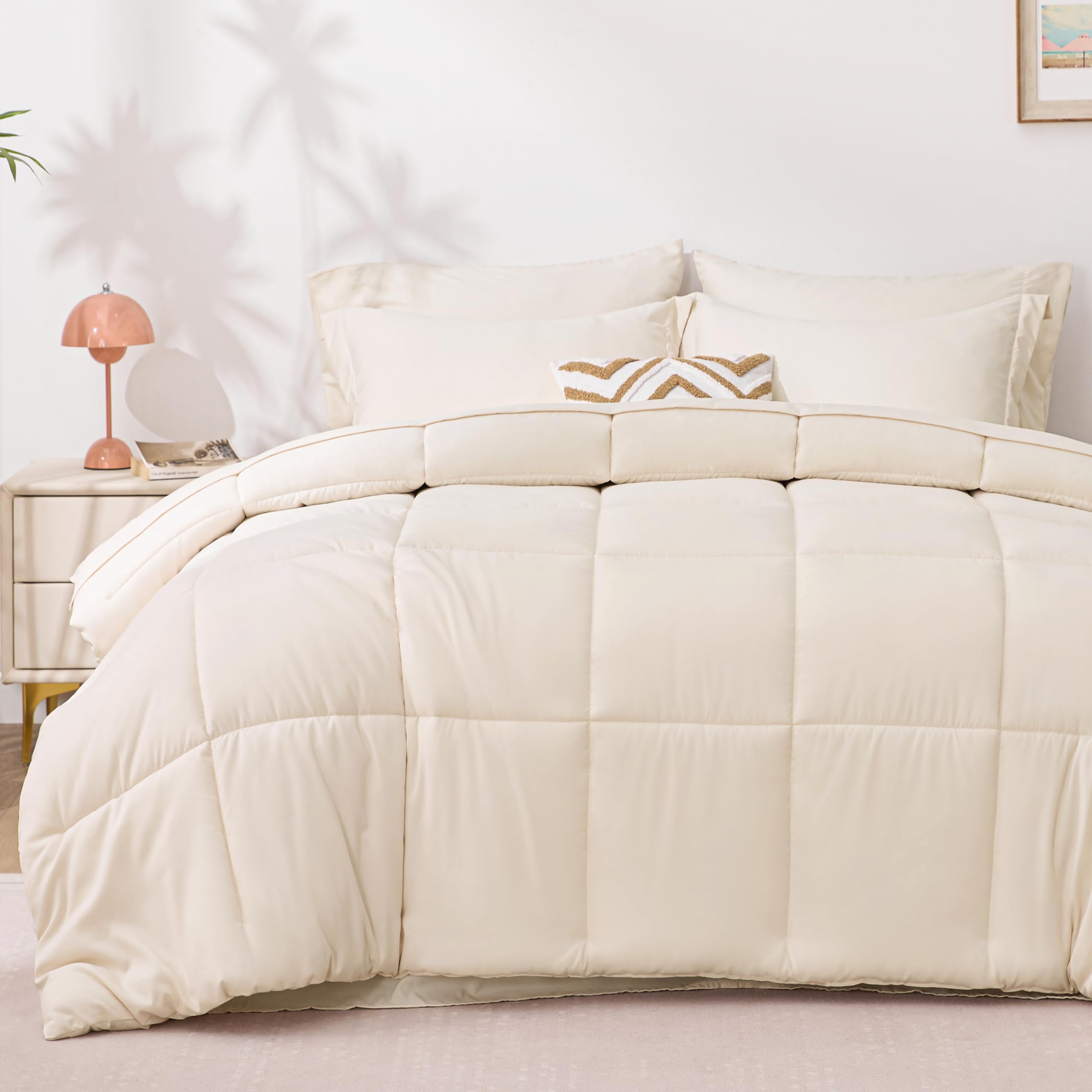 Love's cabin Full Comforter Set Beige, 7 Pieces Full Bed in a Bag, All Season Bedding Sets with 1 Comforter, 1 Flat Sheet, 1 Fitted Sheet, 2 Pillowcase and 2 Pillow Sham