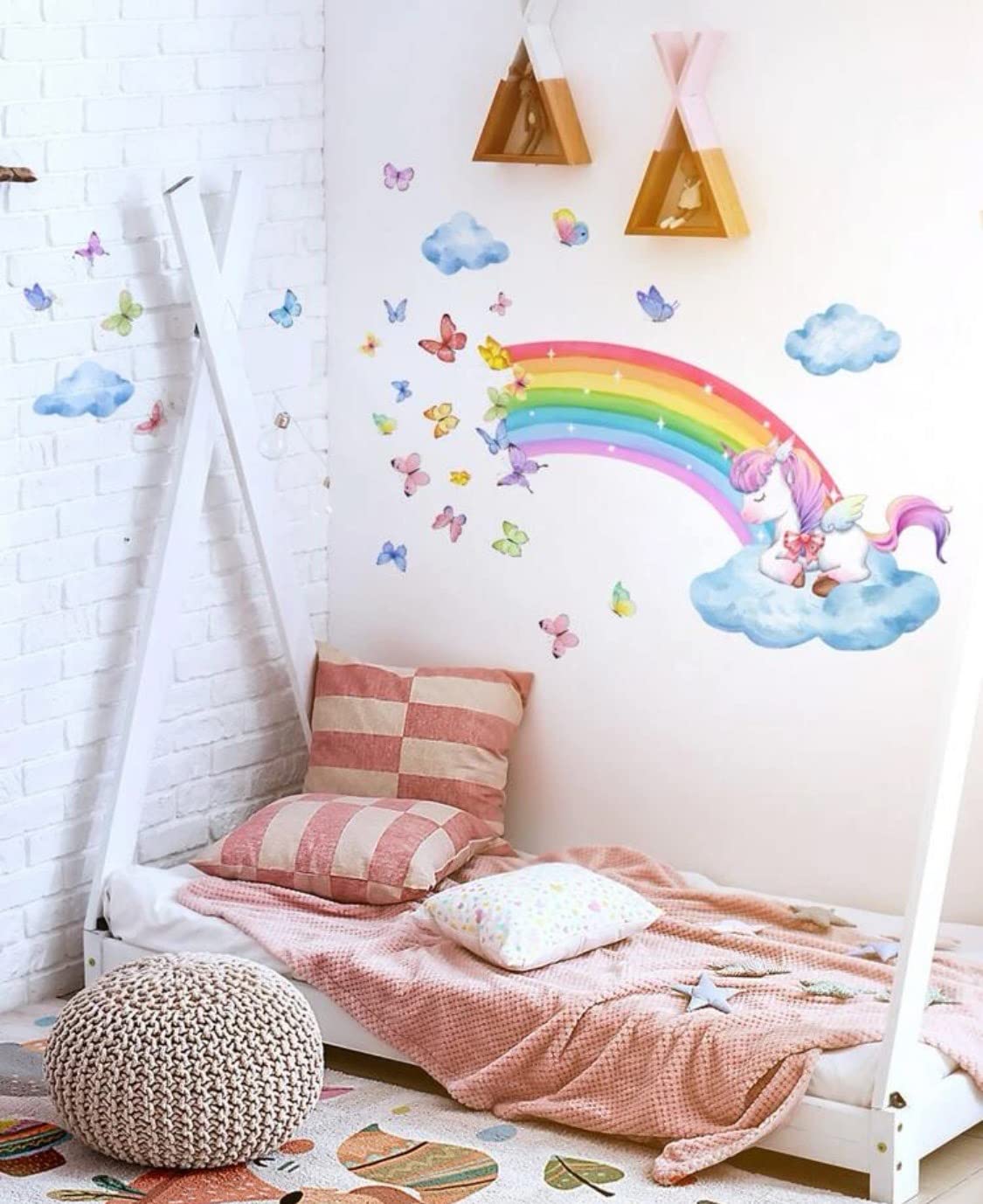 Rainbow Wall Decals Mural Unicorn Rainbow Butterflies Clouds Wall Stickers Baby Nursery Girls Bedroom Kids Room Wall Decor