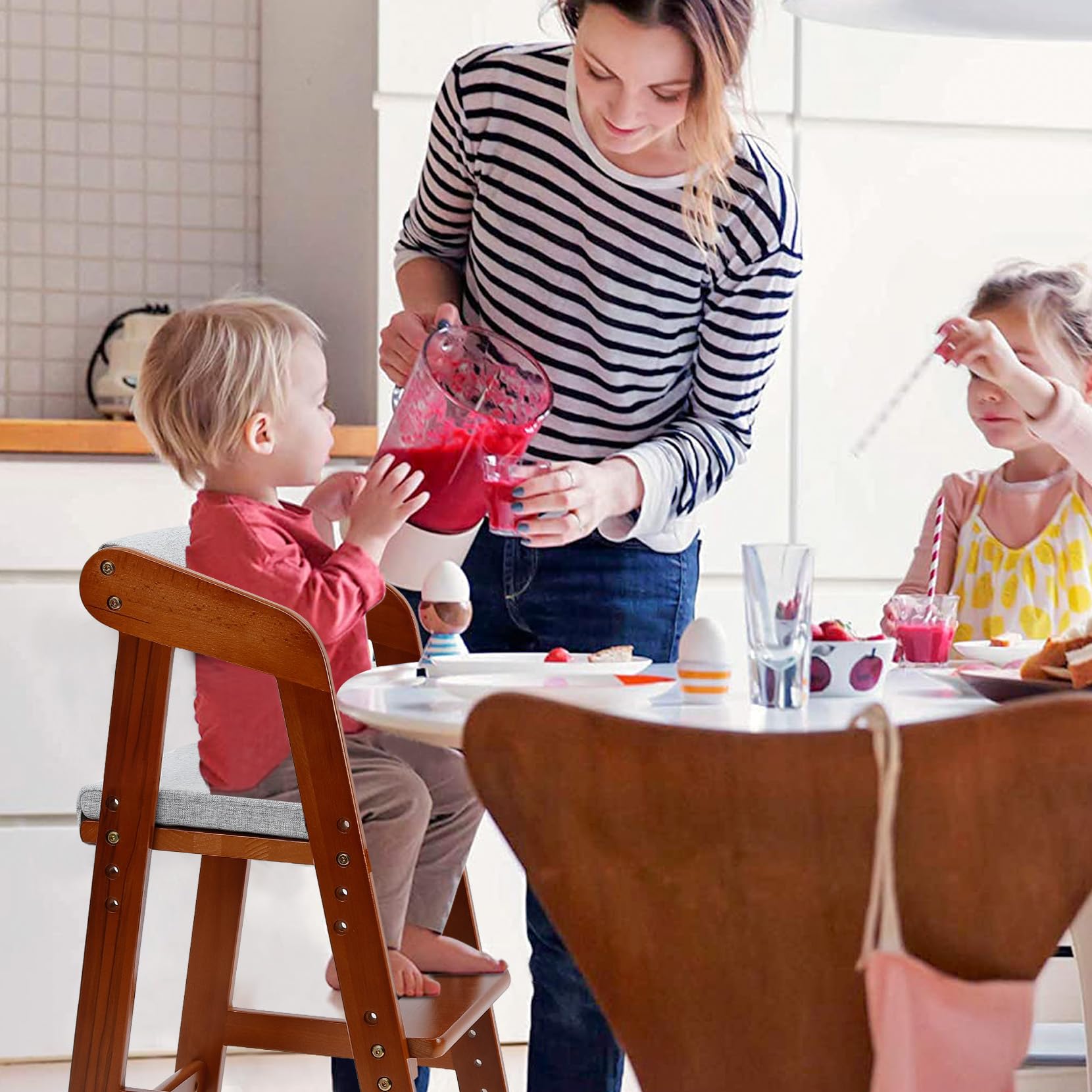 Wooden High Chair for Toddlers, Adjustable Dining Feeding Chair with Removable Cushion for Child, High Chair Grows with Your Kid with Steps for Kids Dining, Studying, Step Tool(Nut-Brown)