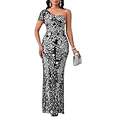 Cololura Women Sexy Sequin One Shoulder Mermaid Formal Party Cocktail Gowns Bodycon Evening Maxi Dress