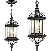 VIANIS 20" Large Outdoor Pendant Light, Black Outdoor Chandelier for Porch with Tempered Beveled Glass, 1-Light Adjustable Ou