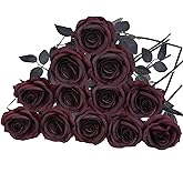 Felice Arts 12 Pack Burgundy Roses Artificial Flowers with Black Stems Silk Roses Fake Gothic Flowers Bouquet for Valentines Wedding Centerpiece Table Vase Home Indoor Kitchen Party DIY Vampire Decor