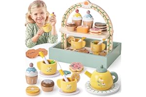 Toyssa Wooden Tea Party Set for Little Girls Toys Toddler Tea Set with Storage Cupcake Stand & Play Kitchen Accessories, Wooden Toys for Toddlers 3 4 5 6 Years Old, Birthday Kids Girls Gifts