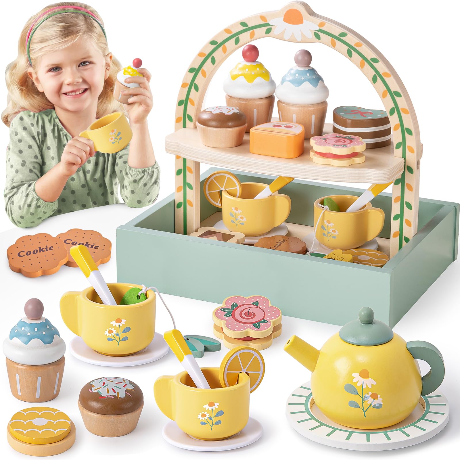 Photo 1 of Toyssa Wooden Tea Party Set for Little Girls Toys Toddler Tea Set with Storage Cupcake Stand & Play Kitchen Accessories, Wooden Toys for Toddlers 3 4 5 6 Years Old, Birthday Kids Girls Gifts