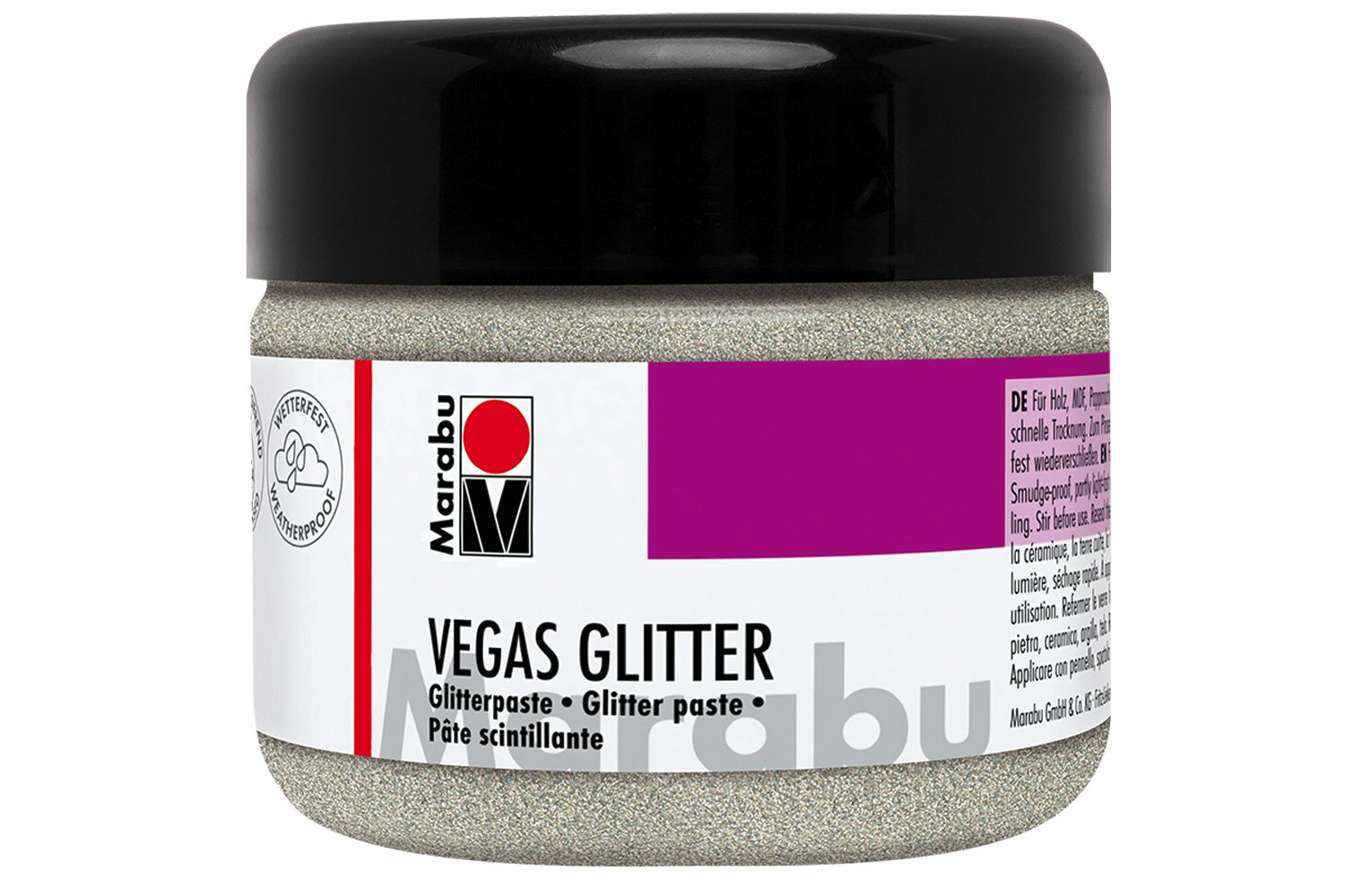 Marabu 12690025582 – Sparkling effect paste, Vegas Glitter silver, 225 ml, water-based, weatherproof, quick-drying, for brushing or stencilling on absorbent surfaces