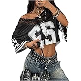 SOLY HUX Women's Y2k Jersey Shirt Lace Mesh Number Graphic Tees V Neck Half Sleeve Summer Crop Tops Streetwear