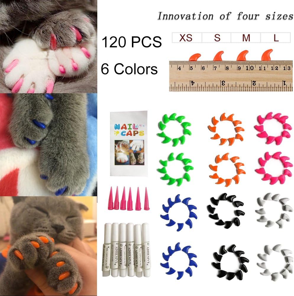 YYYux Cat Nail Caps 120PCS Soft Rubber Pet Paws Claws Nail Covers 6 Colors with Glue and Applicators, Options of 4 Size (L)